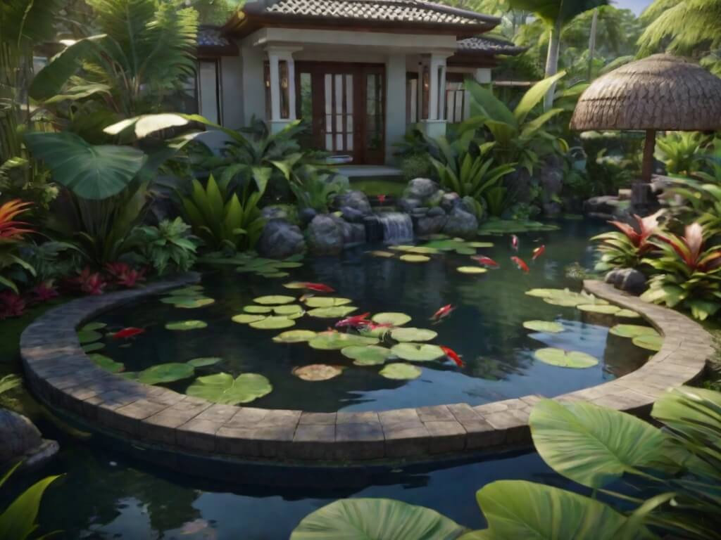 Kolam Ikan Batu Alam dengan Nuansa Tropis