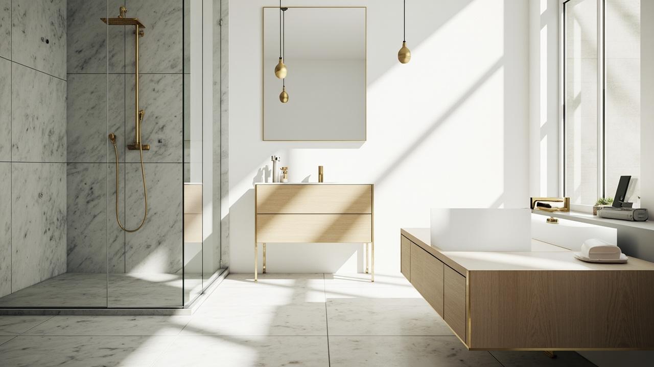 Modern bathroom renovation with porcelain tiles and glass shower