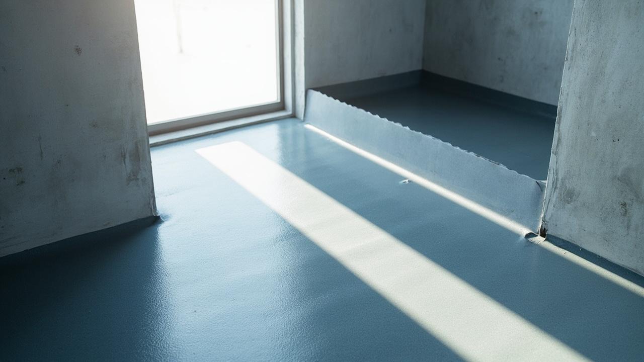 Worker applying waterproofing membrane in tiled shower