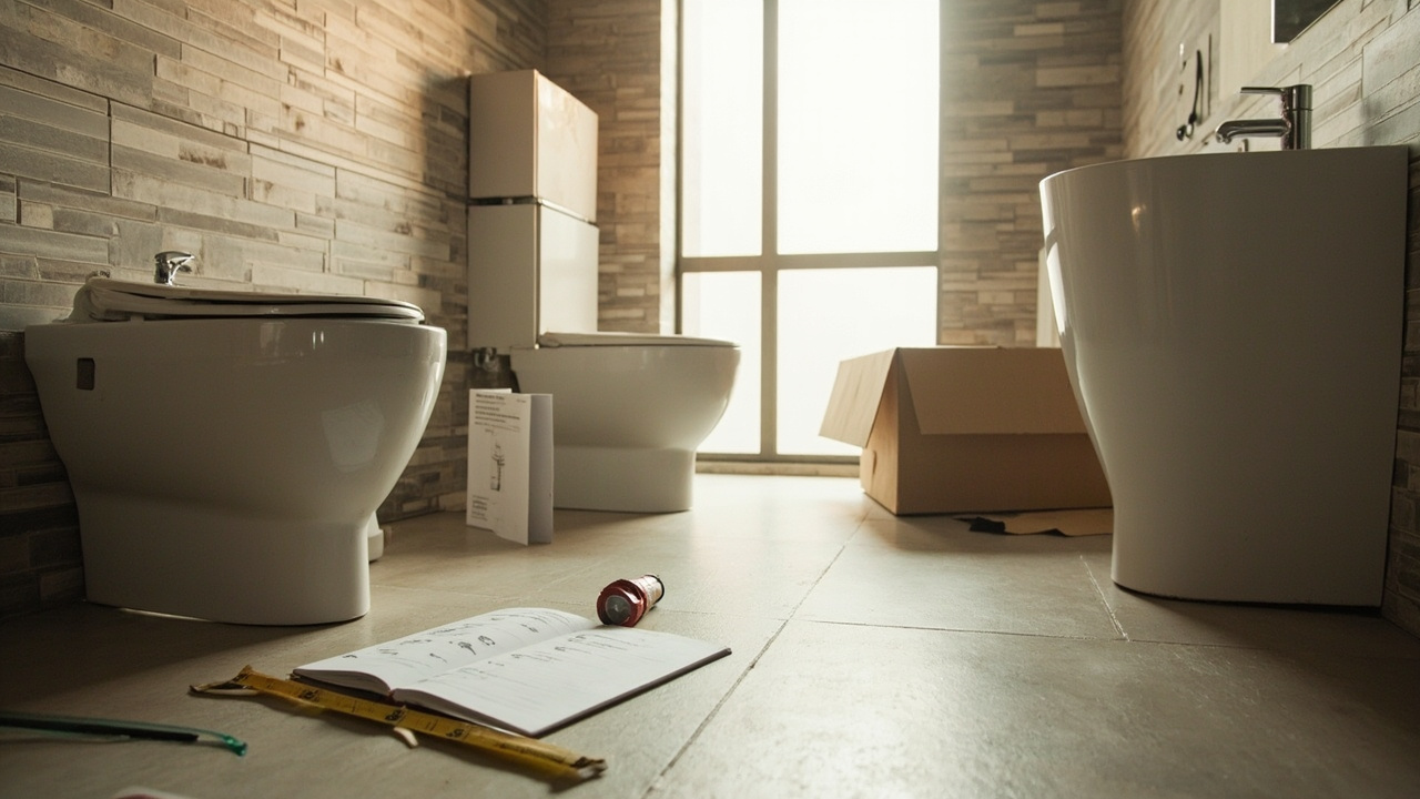 Pemilik rumah dan kontraktor meninjau anggaran serta sampel material kamar mandi
