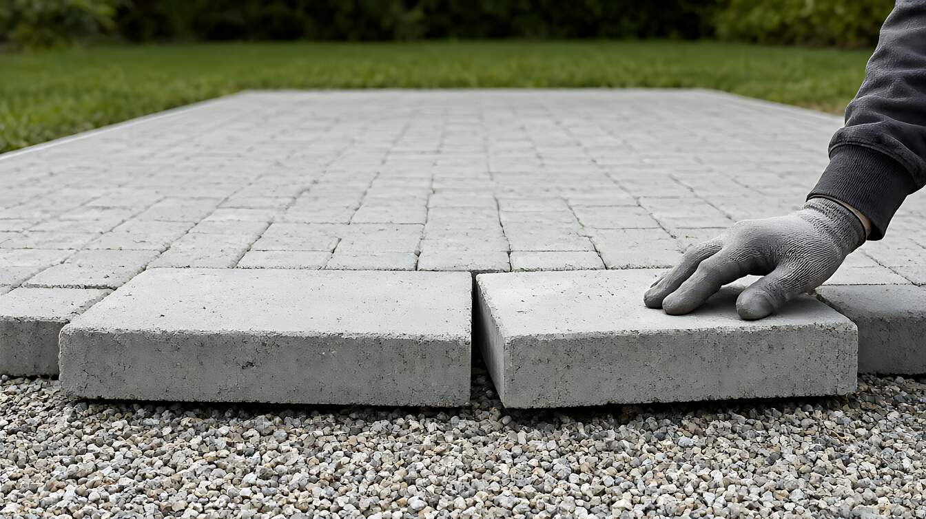 Blok paving beton susun bata sedang dipasang di atas lapisan dasar batu pecah yang dipadatkan, dengan tangan bersarung memposisikan satu blok