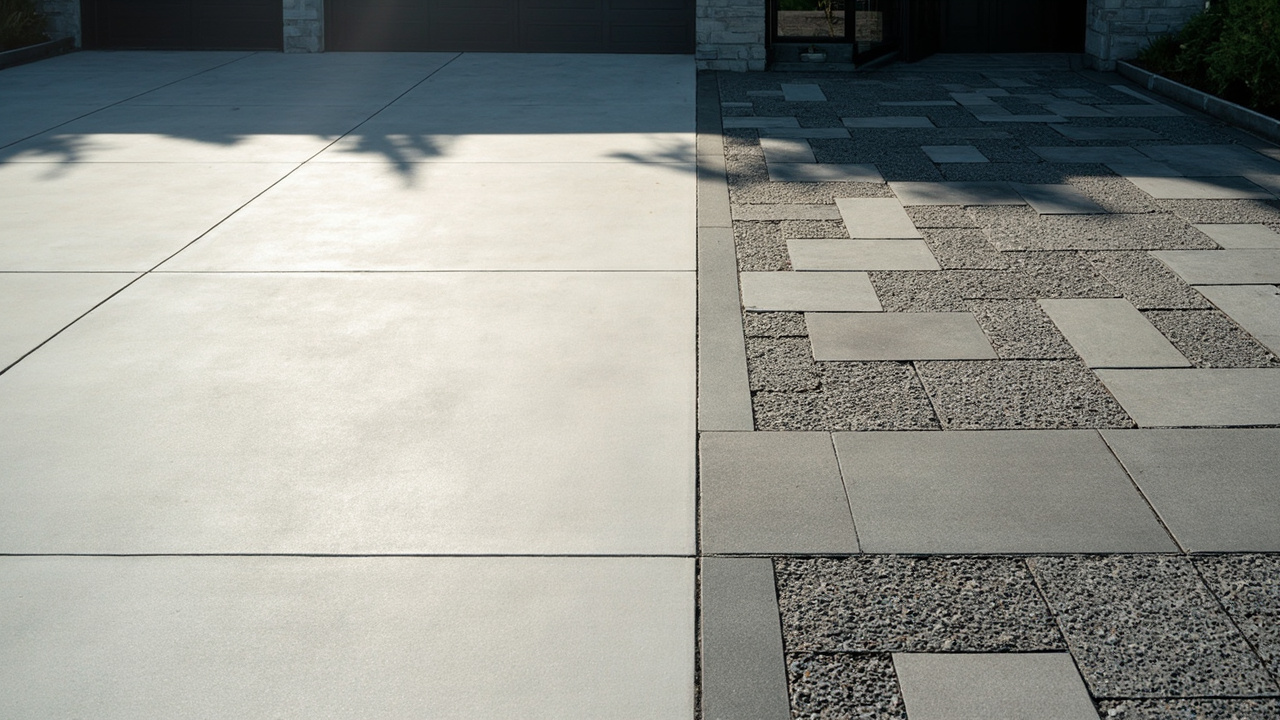 concrete slab next to paver driveway comparison
