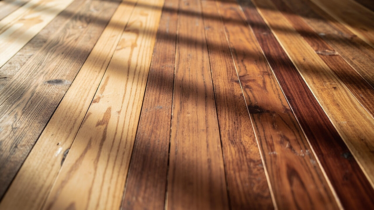 Four opacity tiers of deck stain compared on weathered wood