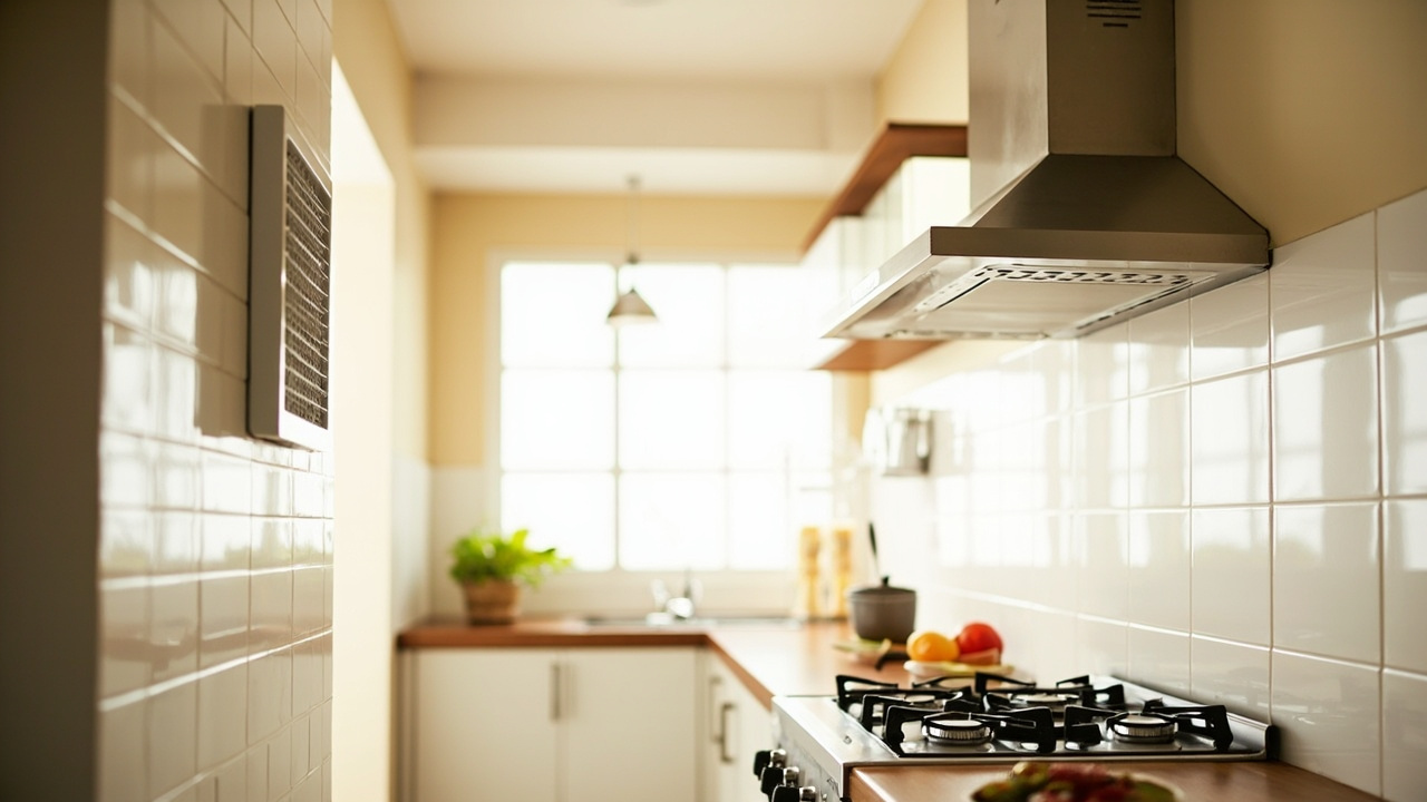 Exhaust fan dinding dan kitchen hood di dapur rumah
