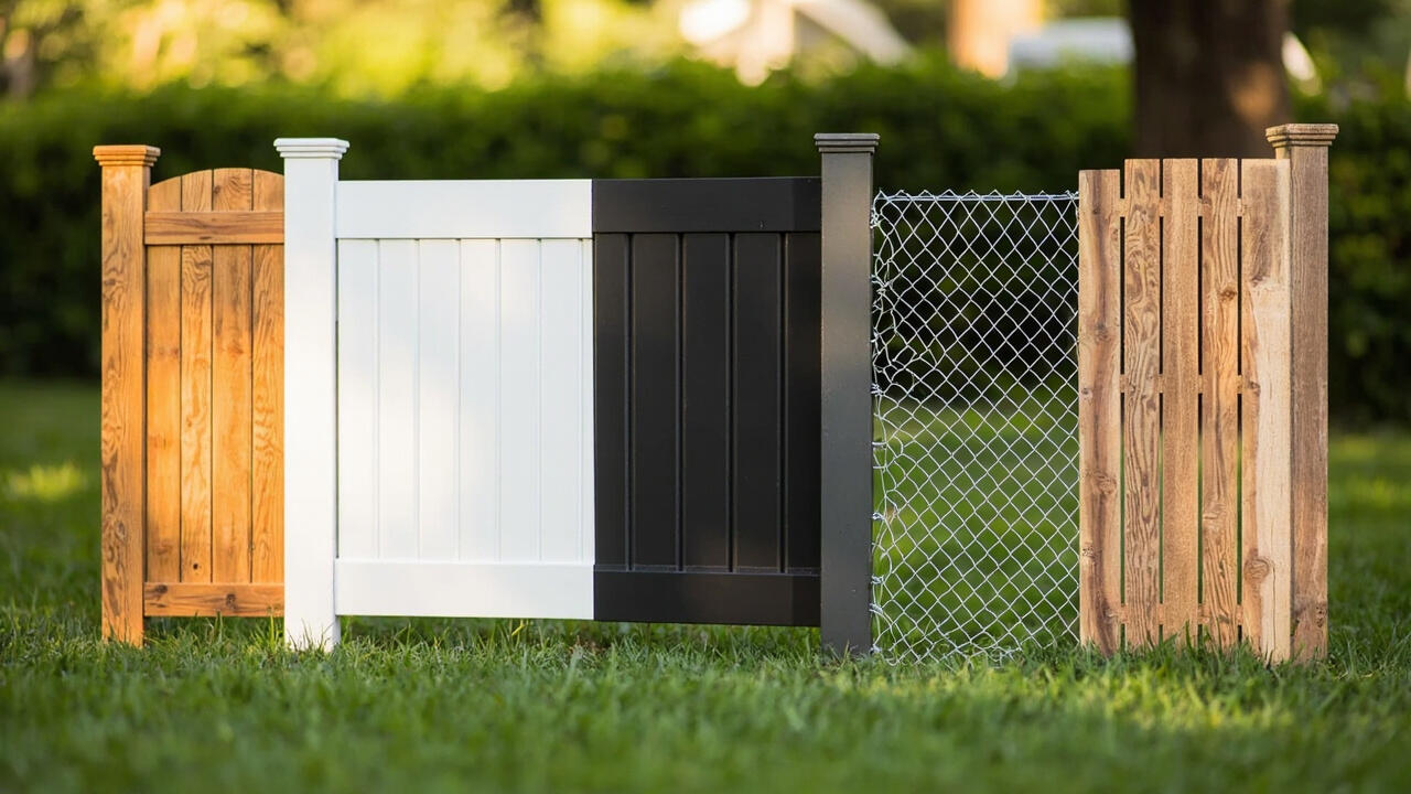 Five residential fencing materials side by side: cedar picket, vinyl panel, aluminum picket, chain link, and composite board