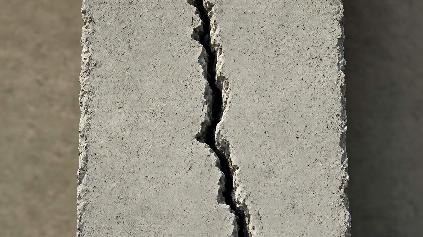 A narrow vertical crack running down a poured concrete foundation wall corner, with light staining along its edges