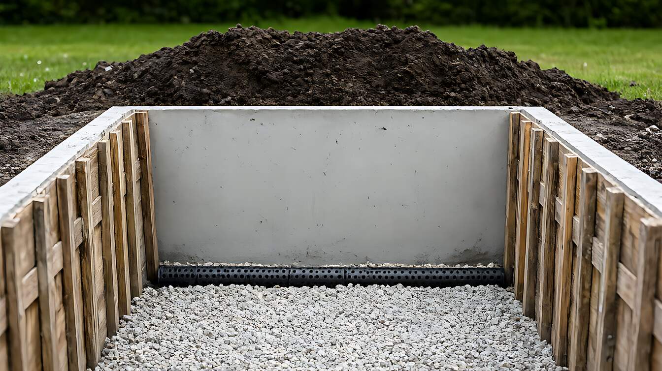 Excavated trench around a house foundation showing a bare concrete foundation wall, a bed of clean crushed gravel, and a black perforated drain tile pipe running along the base of the footing