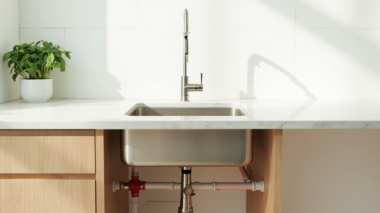 Instalasi pipa air dapur rumah: jalur PPR, stop valve, dan sambungan di bawah wastafel