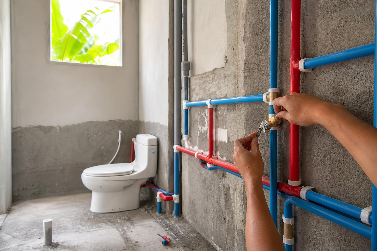 Skema jalur instalasi air kamar mandi dari sumber utama ke titik pancuran, shower, dan kloset