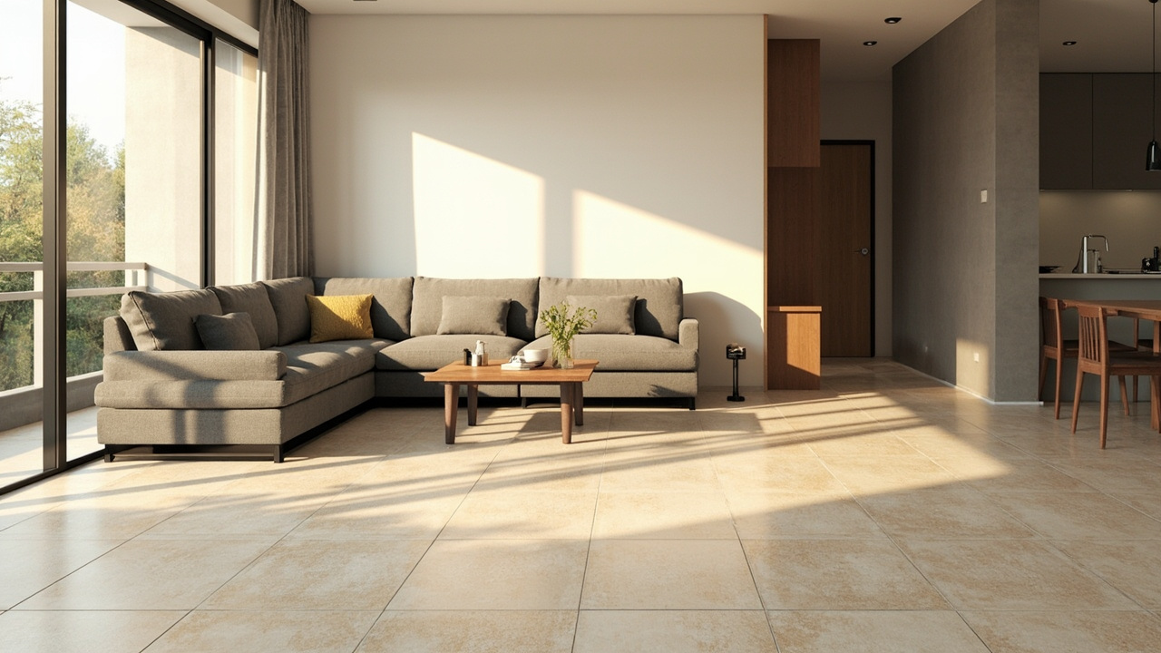 Modern Indonesian living room with beige 60x60 cm granite-look ceramic tiles