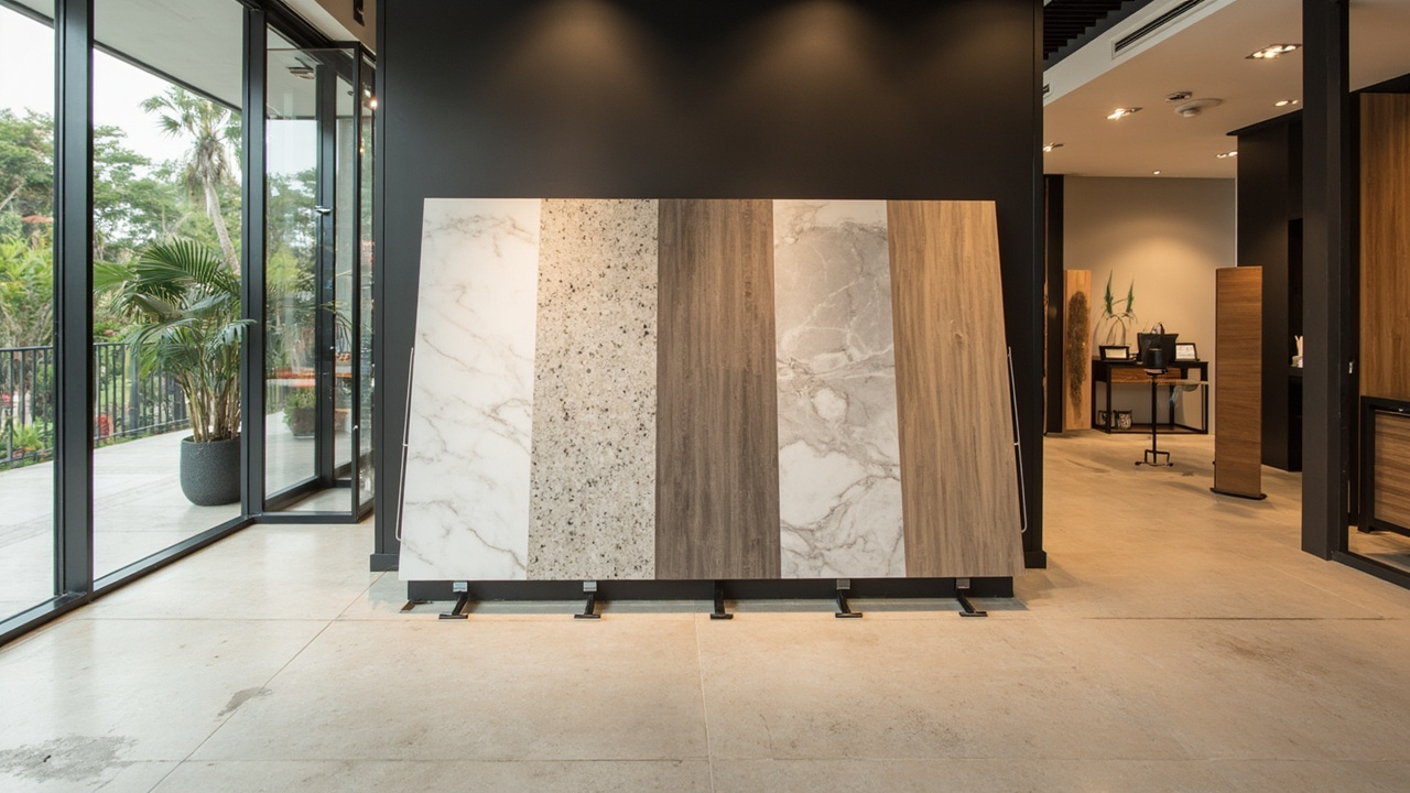 Side-by-side floor sample board showing ceramic, granite, vinyl, and SPC planks for comparison