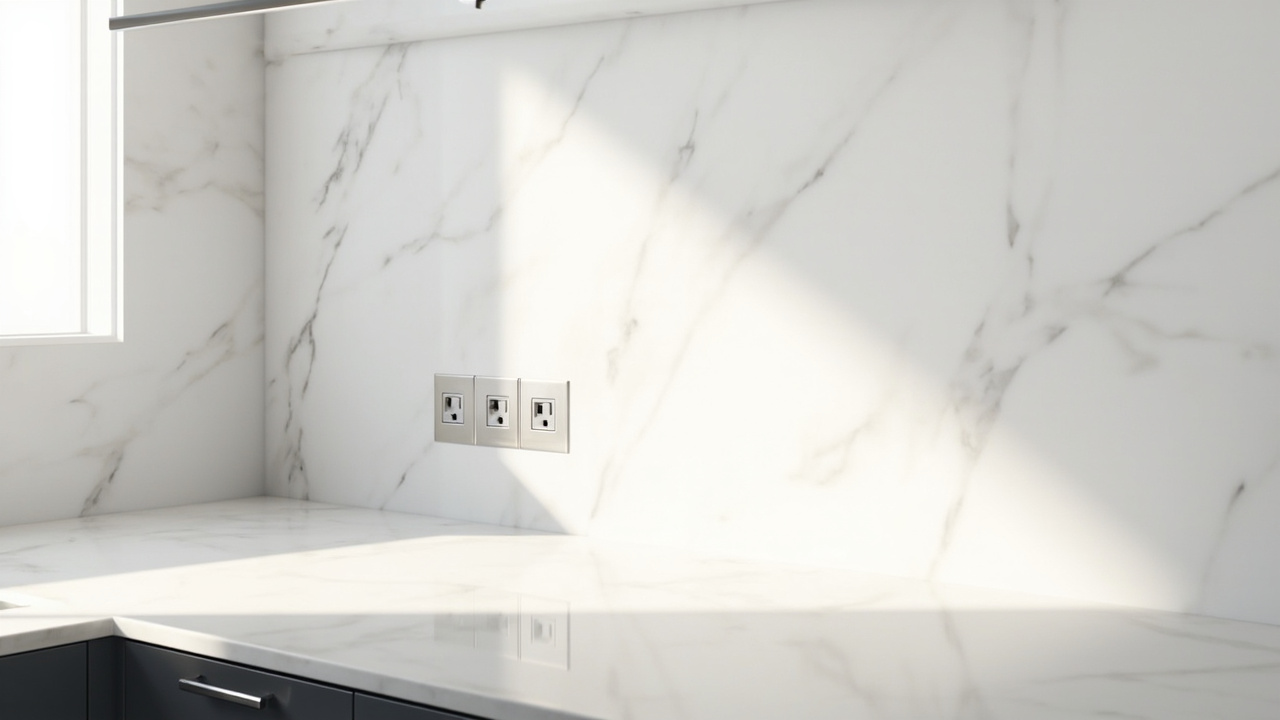 modern kitchen with electrical outlets spaced along countertop backsplash