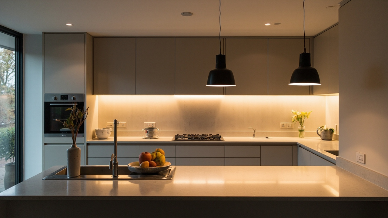 Kitchen with three lighting layers: ceiling downlights, under-cabinet LED strip, and pendant over island