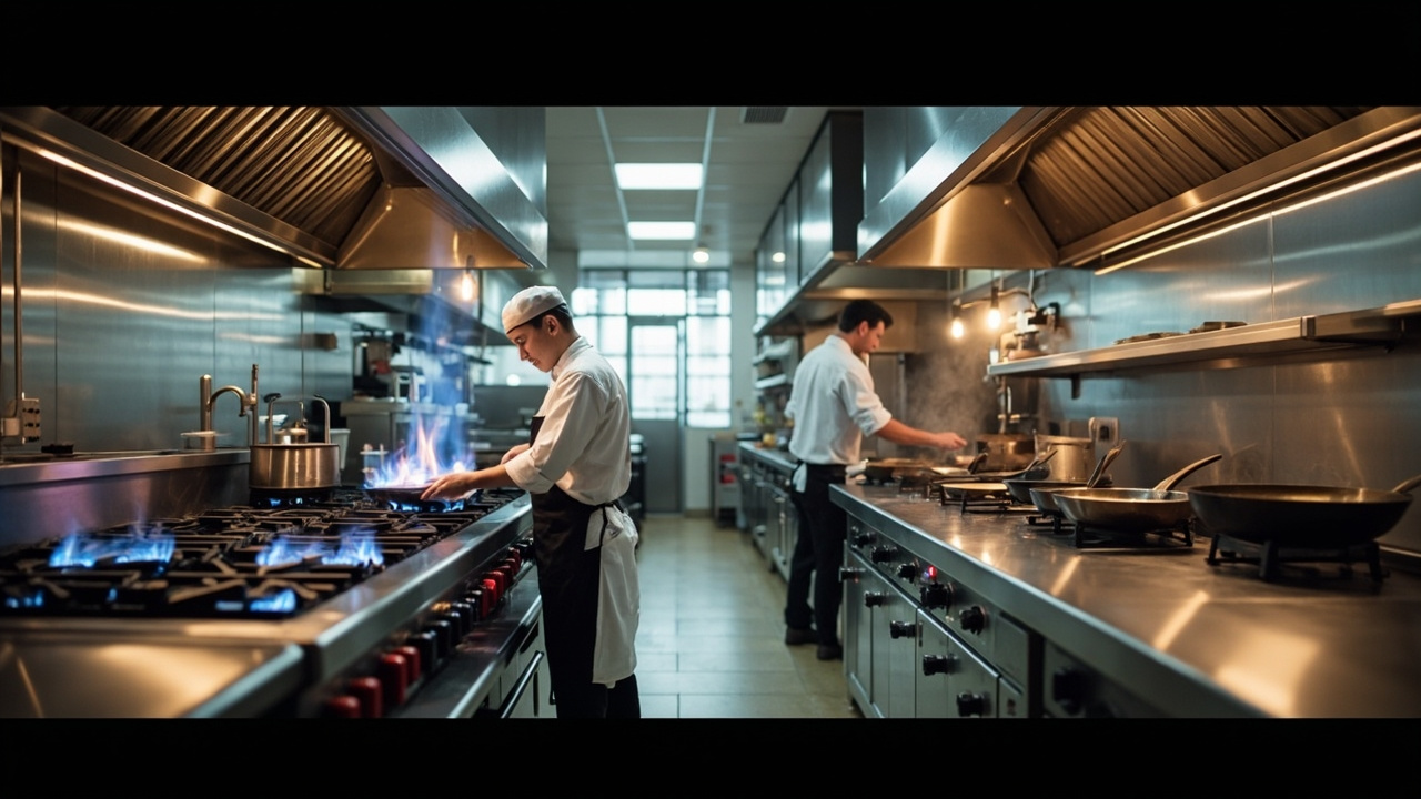 Dapur restoran dengan kompor gas high pressure dan kompor induksi berdampingan