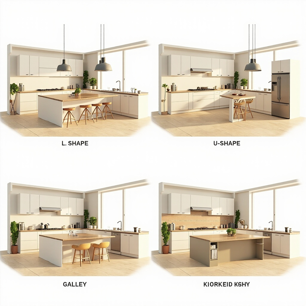 Ilustrasi empat jenis layout dapur — L-shape, U-shape, galley, dan kitchen island