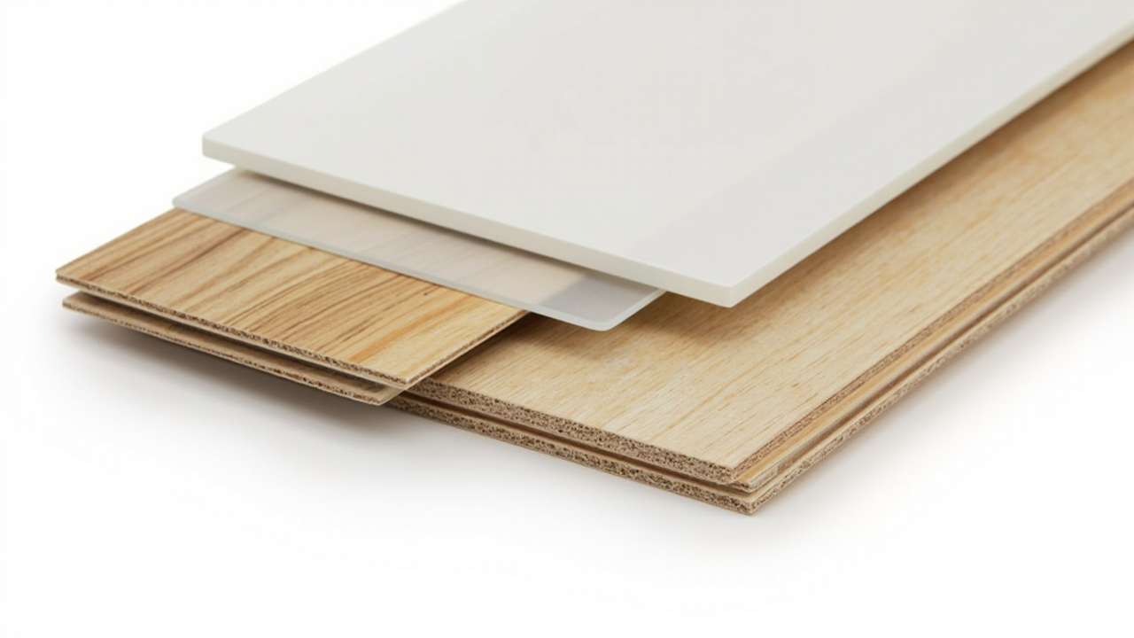 Cross-section of laminate flooring showing the four layers: wear layer, decorative layer, HDF core, and backing layer