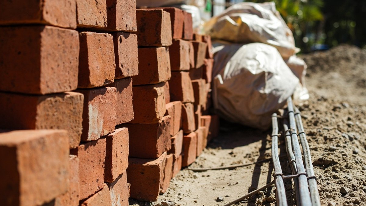 Material bangunan: semen, pasir, bata merah, dan besi beton yang ditata di lokasi proyek