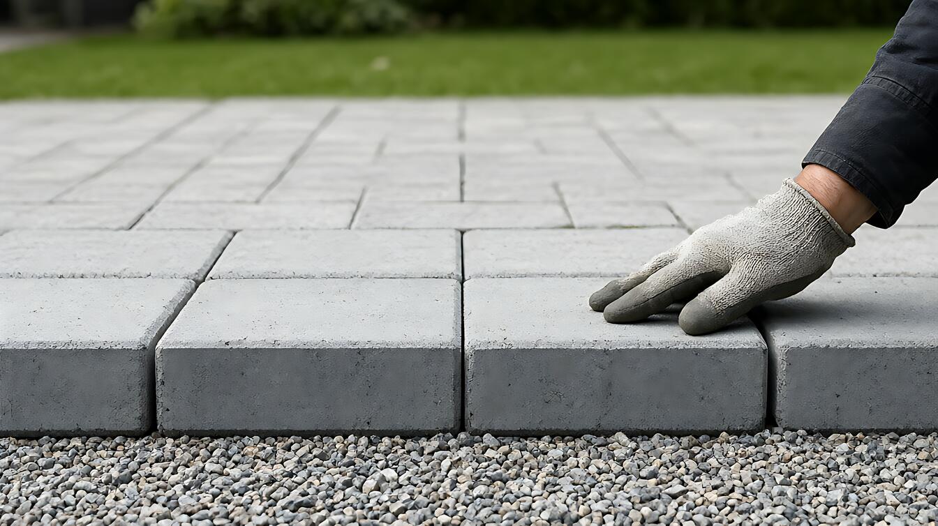 Paving block beton terpasang di atas base pasir, tepi blok terlihat memperlihatkan ketebalan yang berbeda, tangan pekerja memakai sarung tangan menyentuh permukaan blok