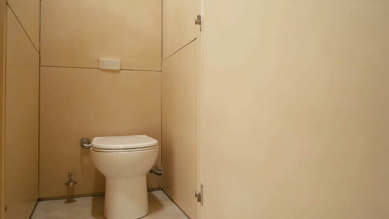 Contoh partisi cubicle toilet phenolic dengan kaki aluminium di toilet publik
