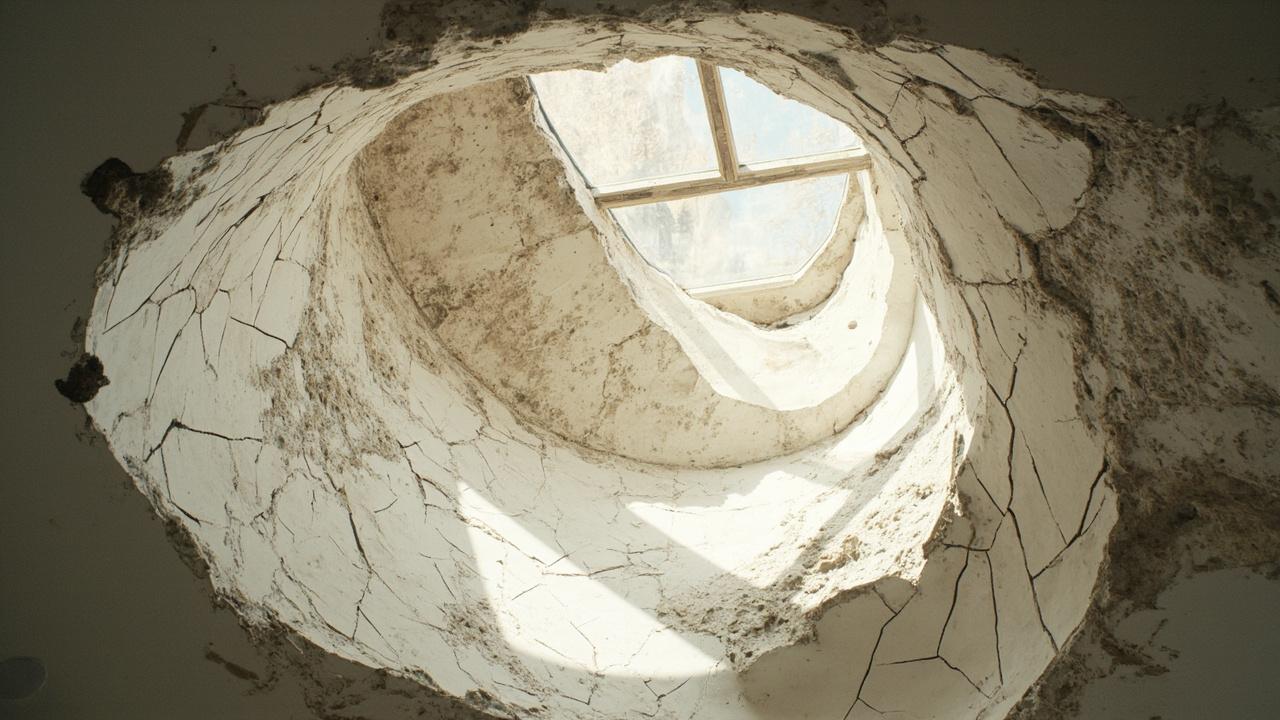 Plafon gypsum melendut dan retak di ruang tamu rumah tinggal