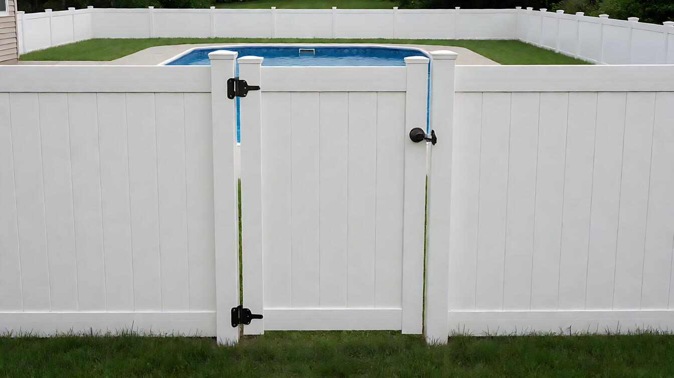 white vinyl pool fence with self-closing self-latching gate around a residential swimming pool