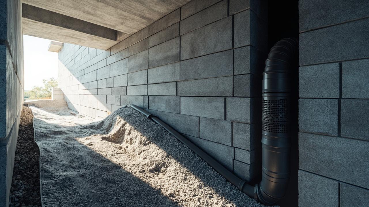 retaining wall drainage gravel column and perforated pipe detail