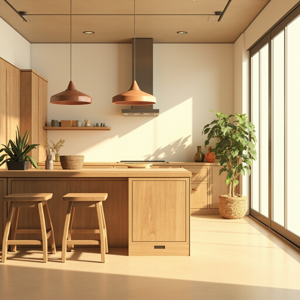 Ilustrasi dapur bergaya Japandi dengan warna earthy tones dan kitchen island minimalis