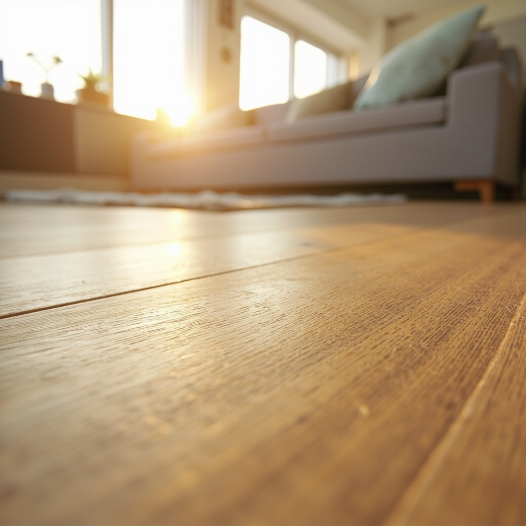 Cross-section cutaway of a laminate flooring plank showing the four layers: wear layer, design layer, HDF core, and backing layer. Photo illustrates the thickness difference between entry-level (6 mm) and premium (12 mm) planks. See AC rating chart.